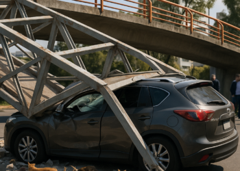 Cae estructura sobre camioneta frente a Paseo Interlomas