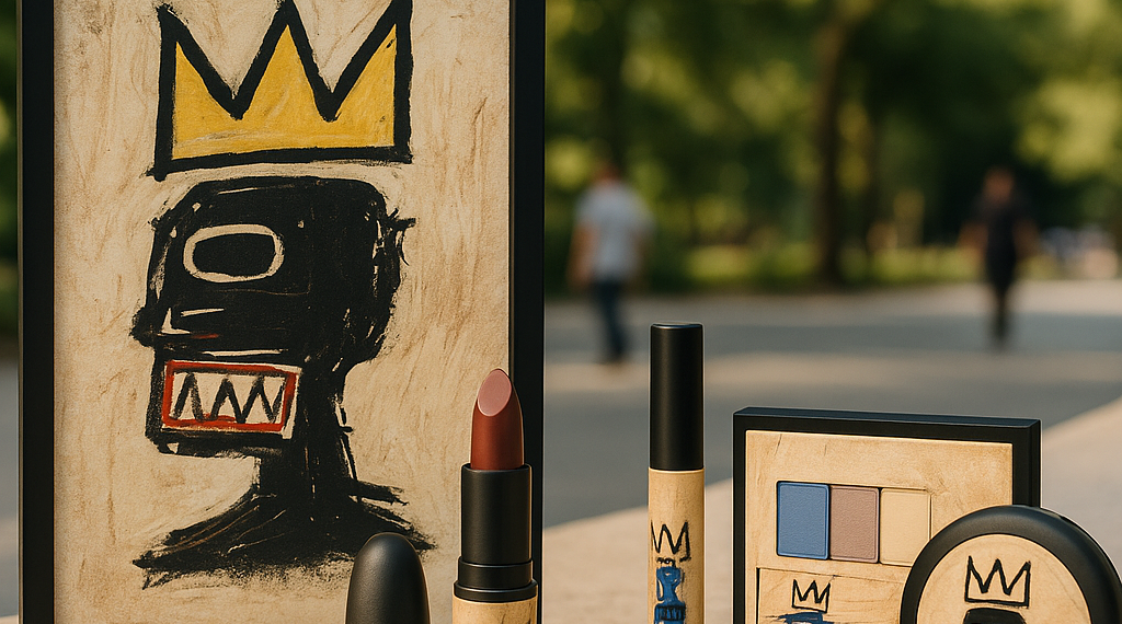 A lipstick tube that reads Basquiat and a cap that is shaped like a crown.