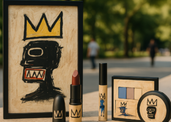A lipstick tube that reads Basquiat and a cap that is shaped like a crown.