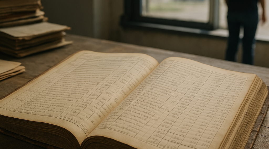 Old ledger sheets with brightly covered circles added.