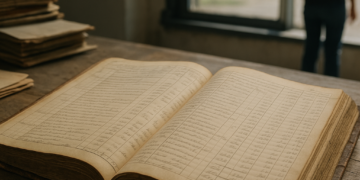 Old ledger sheets with brightly covered circles added.
