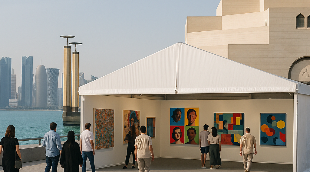 An image of a white building with a large courtyard.