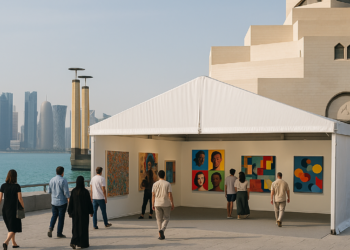 An image of a white building with a large courtyard.
