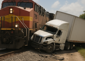 Las impactantes imágenes de un camión arrollado por un tren tras quedar atrapado en las vías