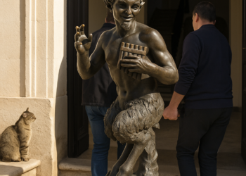 A bronze statue of a figure holding a rabbit aloft.