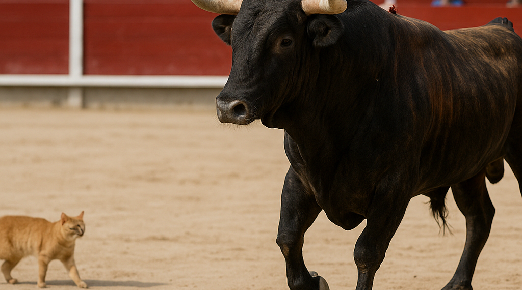 El toro de Pallarés empujando en el caballo.