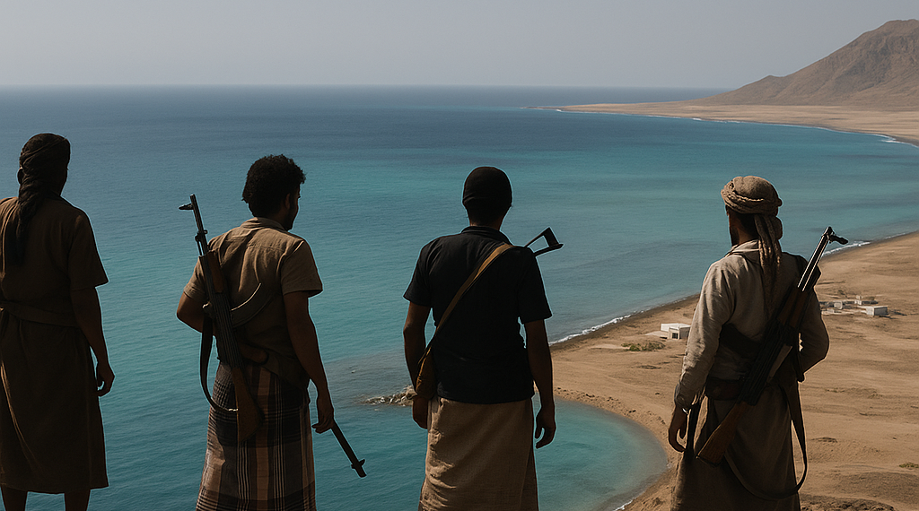 Toman hutíes de Yemen isla en estrecho que da al mar Rojo
