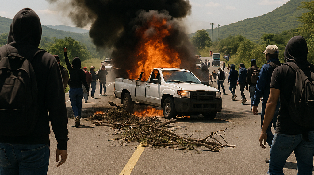 Cierran normalistas Autopista en Guerrero; roban camioneta
