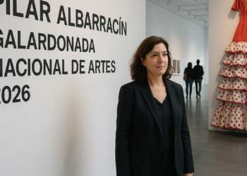 A la izquierda, una imagen del vídeo de 'Berghain', con Rosalía en el centro. A la derecha, 'Viva España' (2004), 'performance' de Pilar Albarracín.