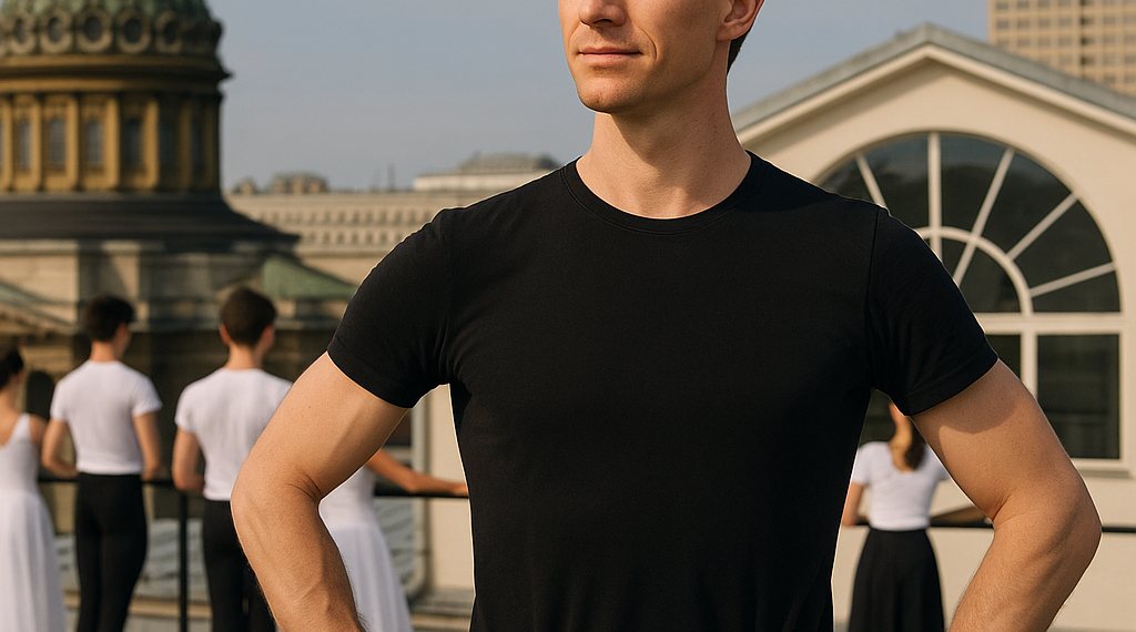 A headshot of Xander Parish, who wears a black turtleneck. He touches his temple with his right hand and looks directly towards the camera.