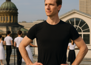 A headshot of Xander Parish, who wears a black turtleneck. He touches his temple with his right hand and looks directly towards the camera.
