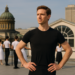 A headshot of Xander Parish, who wears a black turtleneck. He touches his temple with his right hand and looks directly towards the camera.