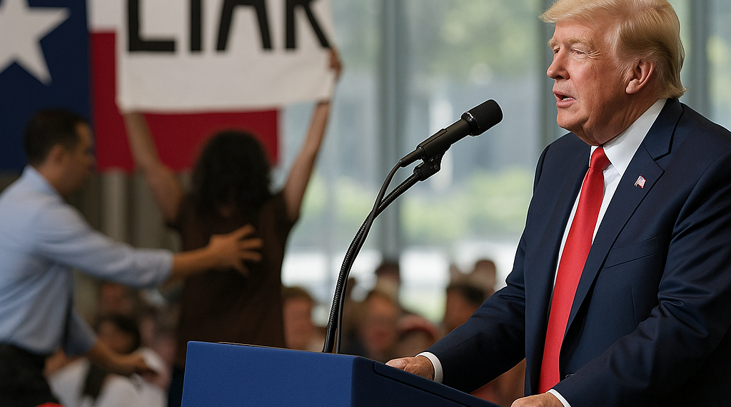 Interrumpen manifestantes discurso de Trump en Texas