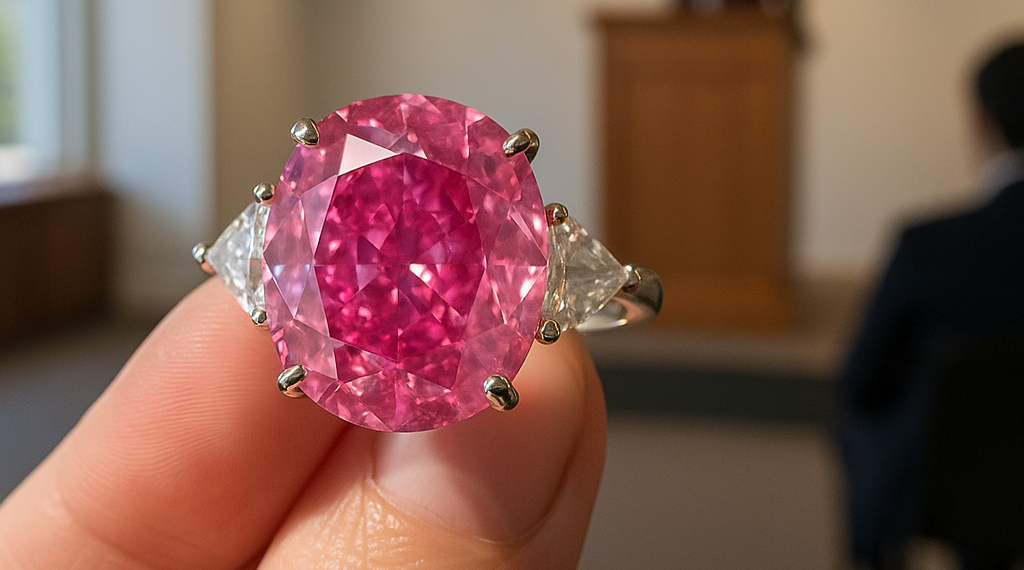 A closeup of a pink diamond ring on a woman's hand.