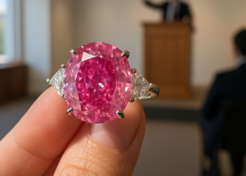 A closeup of a pink diamond ring on a woman's hand.