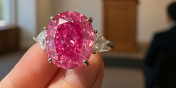 A closeup of a pink diamond ring on a woman's hand.