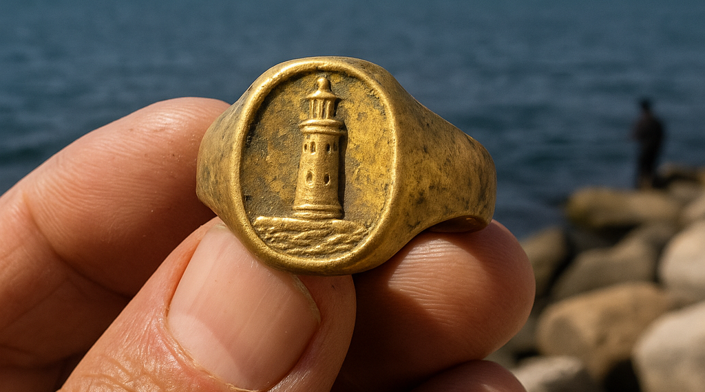 El anillo con el dibujo del Faro de Alejandría.