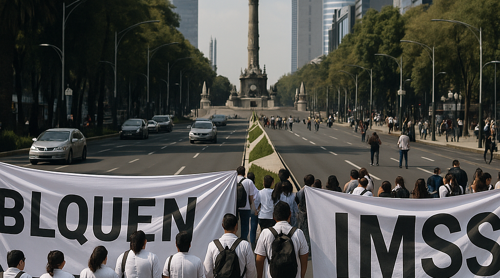 Bloquean trabajadores del IMSS Paseo de la Reforma