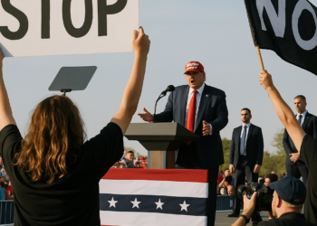 Manifestantes intentan reventar un mitin de Trump en Texas, uno con una camiseta de la selección española