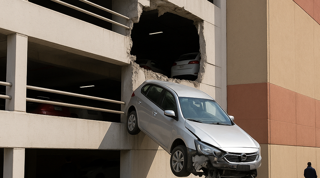 Cae vehículo en estacionamiento de Galerías Coapa