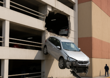 Cae vehículo en estacionamiento de Galerías Coapa
