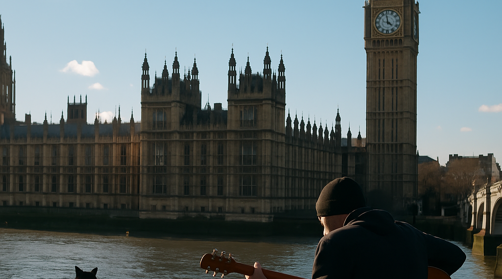 John Bromley, a la izquierda junto a su perro, y Pablo Solo trabajan en casa del músico británico en Sussex.