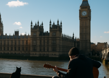John Bromley, a la izquierda junto a su perro, y Pablo Solo trabajan en casa del músico británico en Sussex.